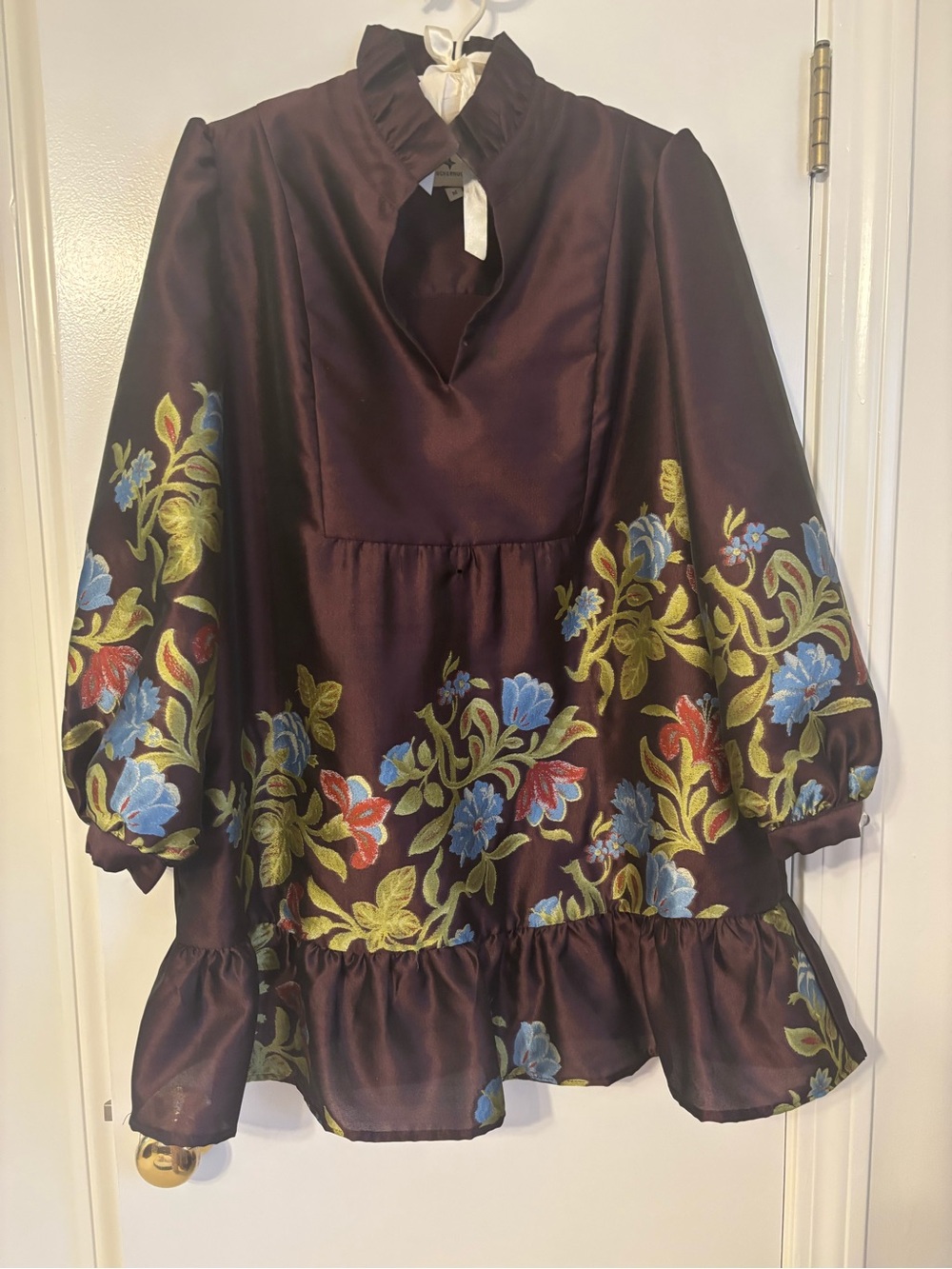 Tuckernuck Burgundy Floral Satin Peplum Top with Blue and Green Embroidery